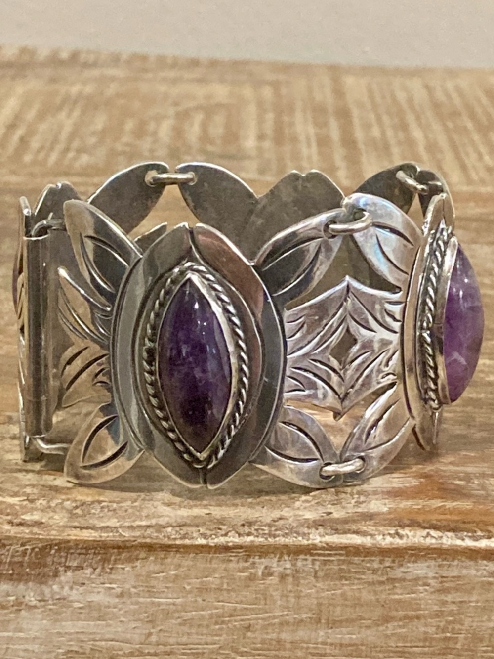 Vintage Mexican Silver & Purple Panel Bracelet • 83g • Handcrafted Boho Style - Picture 8 of 16